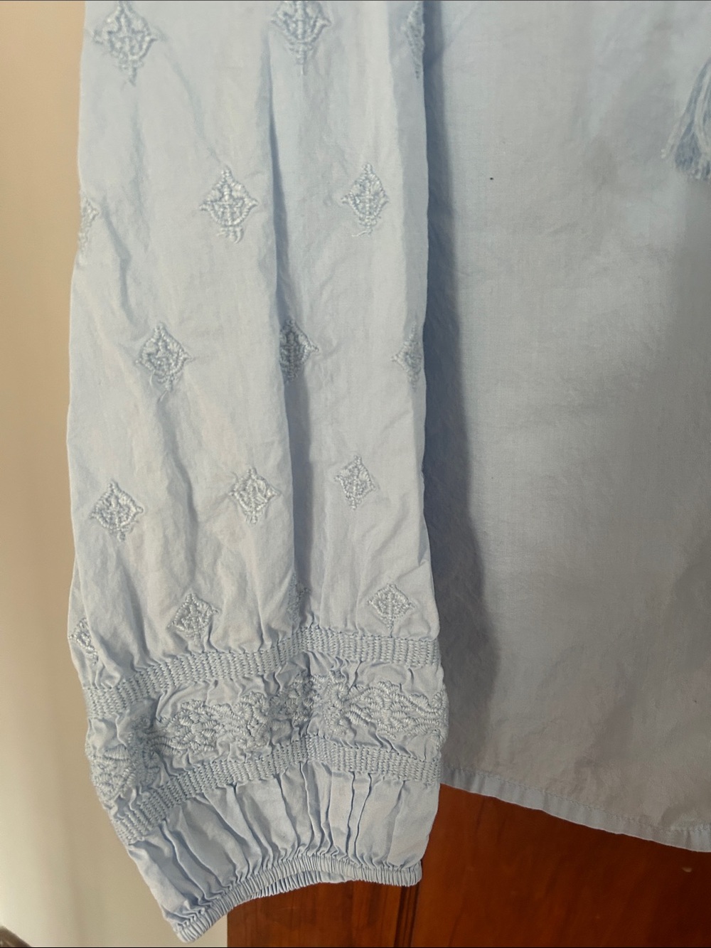 Nautica Pale Blue Embroidered Peasant Top with tassels - Picture 4 of 5